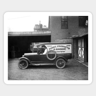 Butcher Delivery Truck, 1926. Vintage Photo Sticker